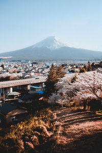 Scenic view of townscape against clear sky