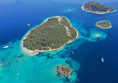 High angle view of blue sea island 