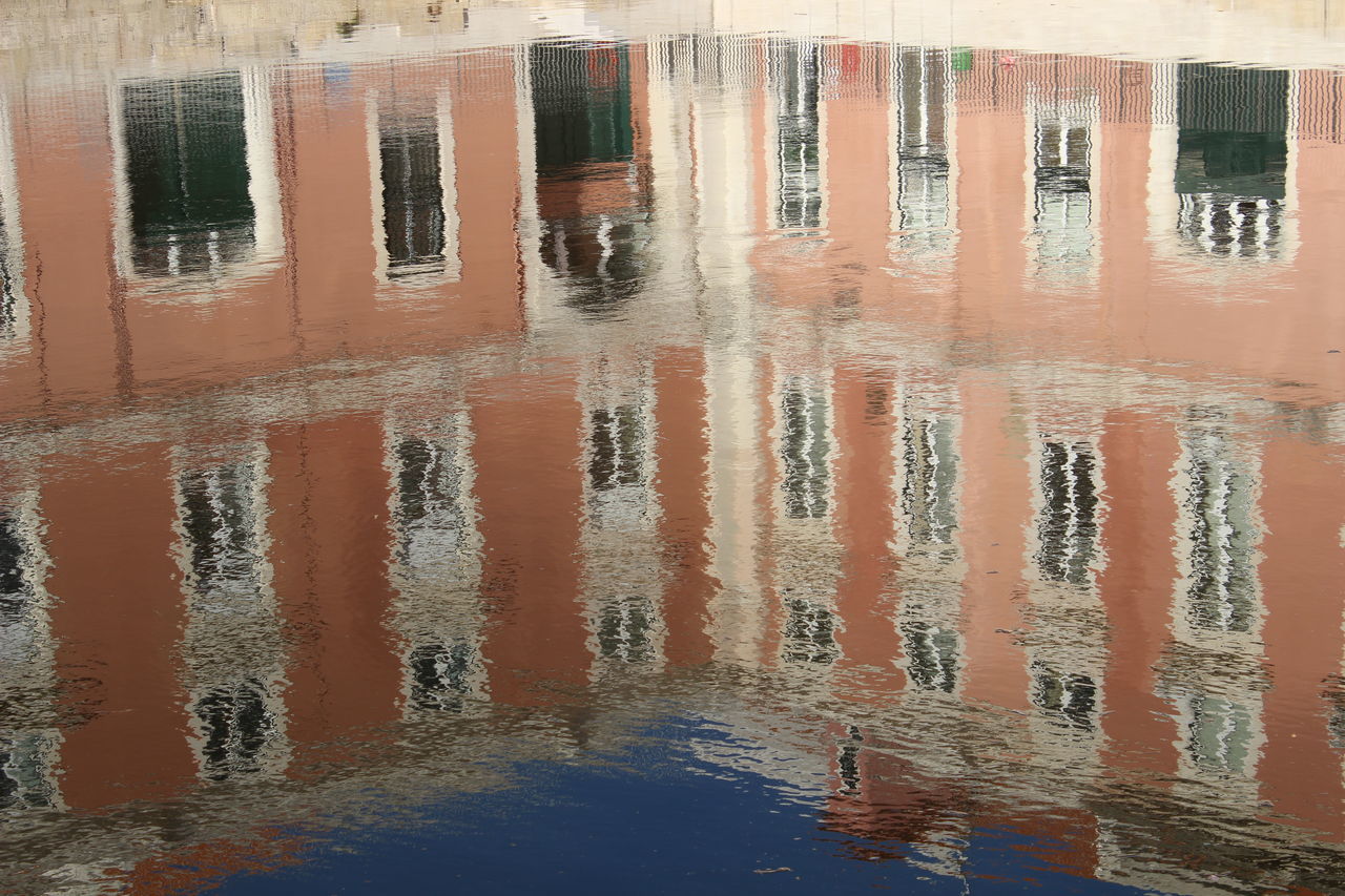 architecture, built structure, reflection, full frame, building exterior, water, red, repetition, day, outdoors, no people, waterfront, city life