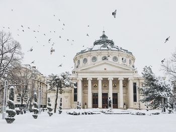Low angle view of romanian athenaeum against sky during winter
