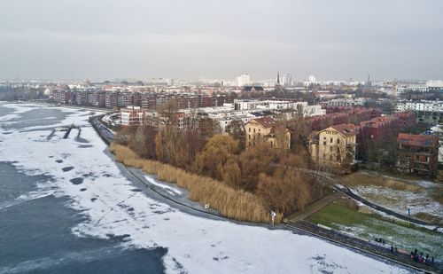 High angle view of cityscape during winter