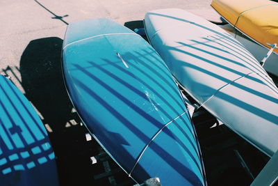 High angle view of boats moored on beach