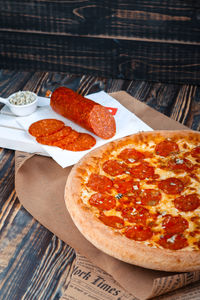 High angle view of pizza on table