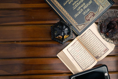 High angle view of old book on table