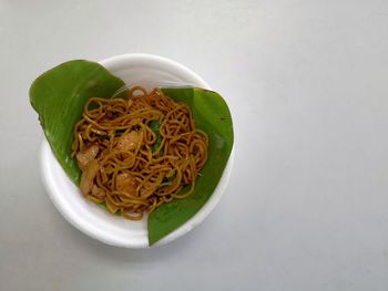 High angle view of pasta in bowl on table