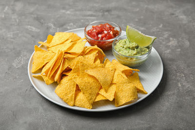 High angle view of food in plate on table