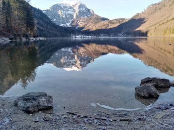 Scenic view of lake and mountains against sky