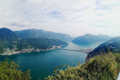 High angle view of plants and mountains against sky