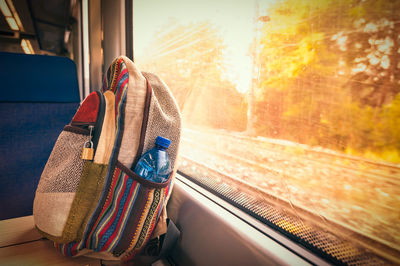 Rear view of person seen through train window