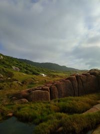 Scenic view of farm against sky