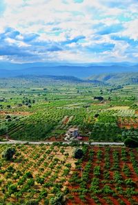 High angle view of agricultural field against sky