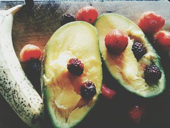 Close-up of fruits and ice cream
