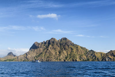 Scenic view of sea by mountain against sky