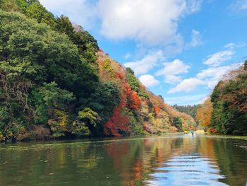 Scenic view of lake by trees against sky