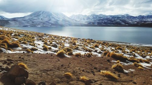 Scenic view of lake and snowcapped mountains against sky