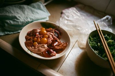 High angle view of food in plate on table