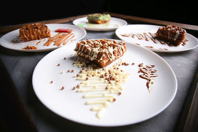 High angle view of dessert in plate on table