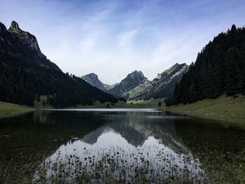 Scenic view of lake and mountains against sky