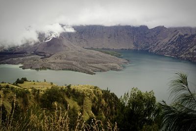 Volcanic mountain and lake at gunung rinjani national park