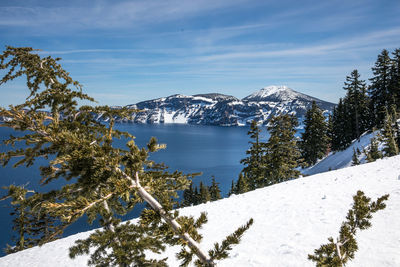 Scenic view of snowcapped mountains against sky during winter