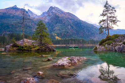 Scenic view of lake and mountains against sky