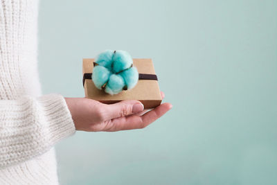 Close-up of hand holding gift box over white background