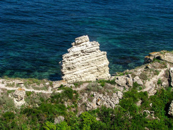 High angle view of rocks in sea