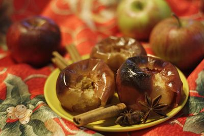 Close-up of boiled apples in plate