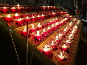 High angle view of illuminated candles in temple