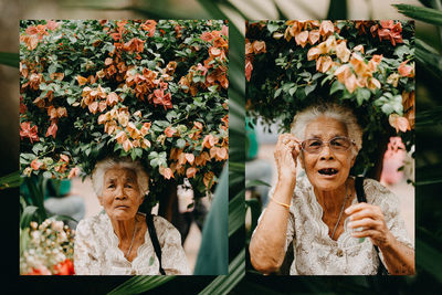 Low angle view of people on flowering plants