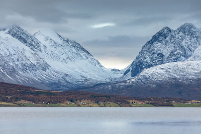 Scenic view of lake against snowcapped mountains 