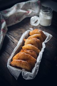 High angle view of baked food on table