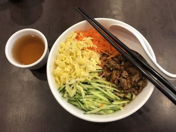 High angle view of meal served on table