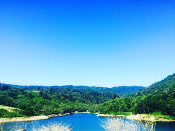 Scenic view of calm lake against clear blue sky