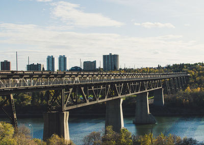 Bridge over river in city against sky