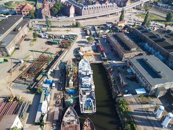 High angle view of street amidst buildings in city