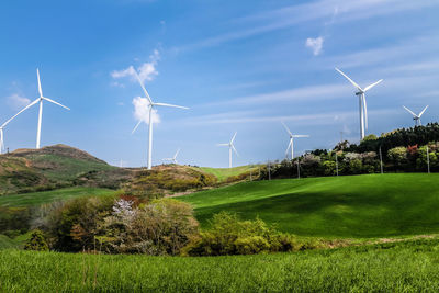 Windmill on field against sky