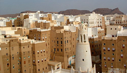 High angle view of buildings in city