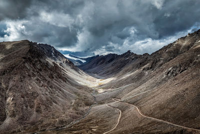 Road in himalayas near kardung la pass. ladakh, india