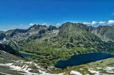Scenic view of mountains against blue sky