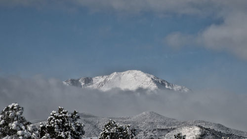 Low angle view of snowcapped mountains against sky