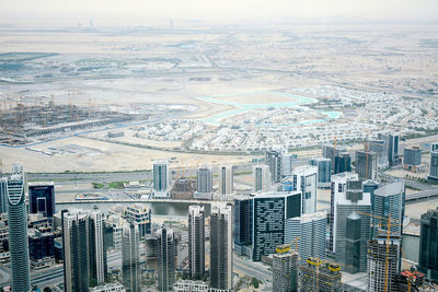 High angle view of modern buildings in city