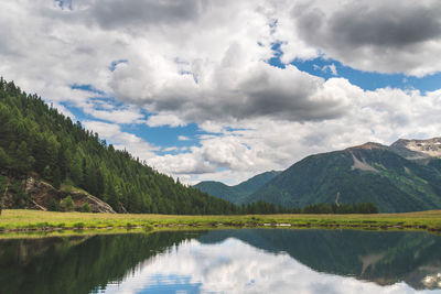 Scenic view of lake and mountains against sky
