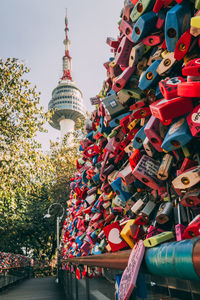 Padlocks on railing of bridge