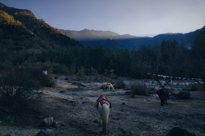 People on mountain range against sky