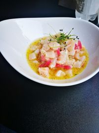 High angle view of food in plate on table