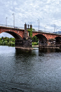 Arch bridge over river against sky