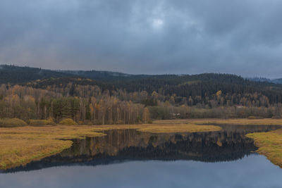 Scenic view of lake by trees against sky