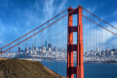 View of suspension bridge against cloudy sky san francisco 