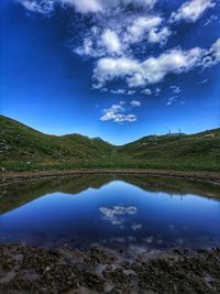 Scenic view of lake and landscape against blue sky